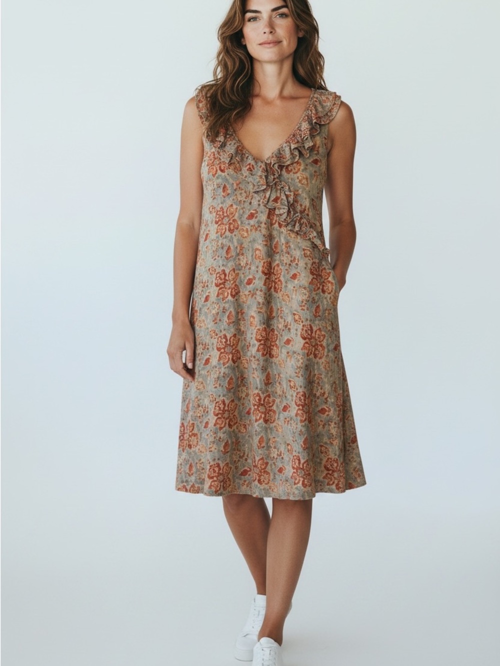 Lauren Jeans Ralph Lauren Rust Floral Ruffle V-Neck Midi Dress